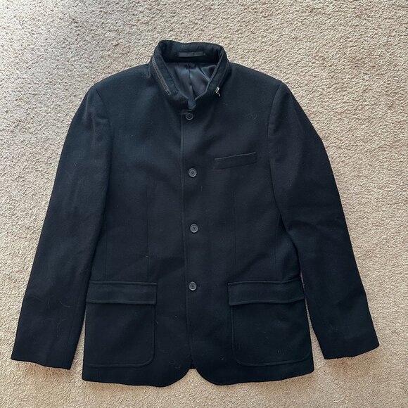 Kenneth Cole Coat Mens Medium 40 Wool Blend Black Hood Button Close Jacket - Picture 1 of 13